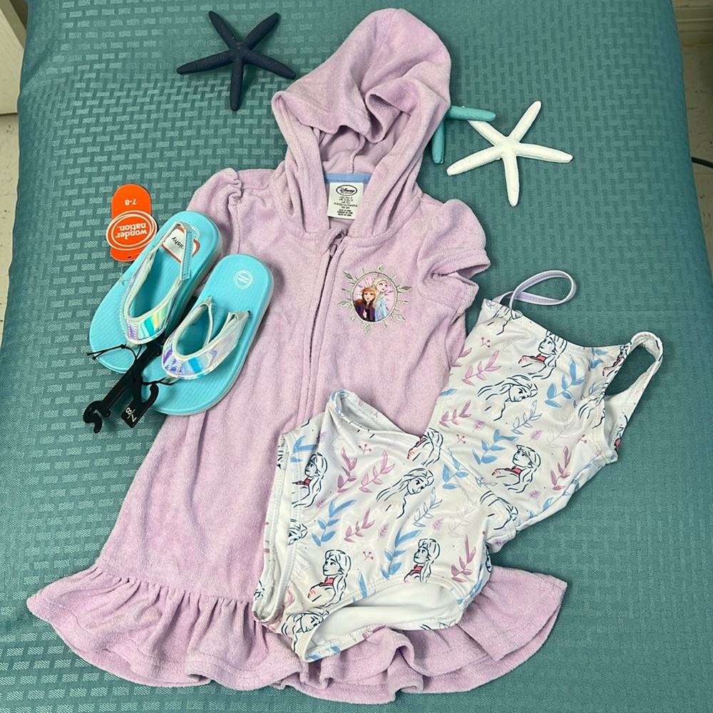Disney collection frozen swimsuit and cover size 3 and blue sandals size 7/8